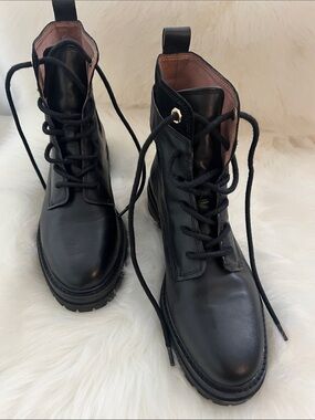 Louise et Cie Black Leather Lace-Up Buckle Combat Boots